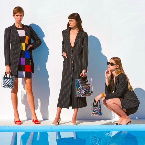 STAUD 90s Rainbow Pinstripe Short Sleeve Jewel Button Pleated Polo Shirt Dress 2 - Picture 5 of 8